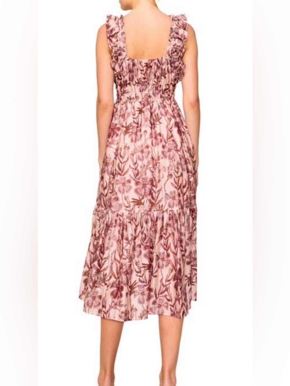 Melloday Floral Ruffle Tiered Midi Dress Pink Mauve Botanical Smocked Size M